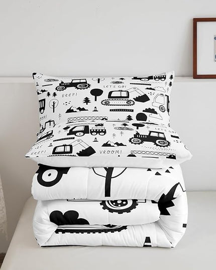 Construction Bedding Set Full Size Equipment Trucks Comforter Set for Kids Boys Girls Decor Cartoon Car Excavator Tractor Comforter Black White Duvet Set Bedroom Quilt Set - LeafyLoom