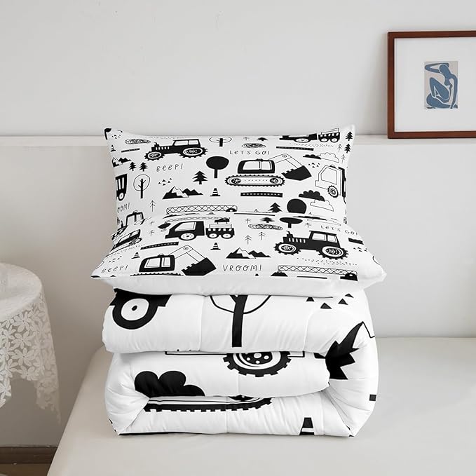 Construction Bedding Set Full Size Equipment Trucks Comforter Set for Kids Boys Girls Decor Cartoon Car Excavator Tractor Comforter Black White Duvet Set Bedroom Quilt Set - LeafyLoom