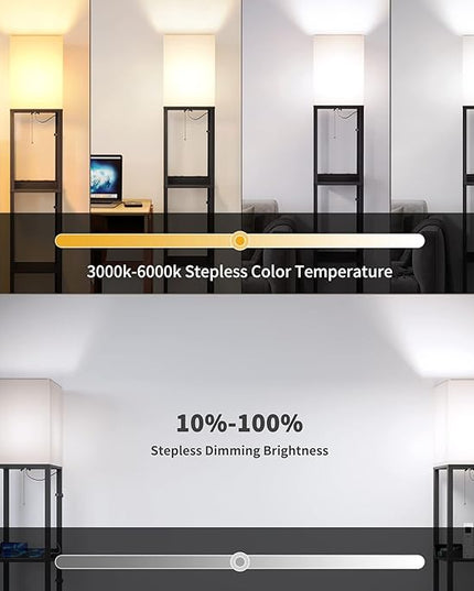SUNMORY Shelf Lamp with Remote Control, Stepless Color Temperature & Dimmable, Floor Lamp with Shelves with 2 Usb Charging Ports and 2-Hole Socket, Solid Wood Tall Lamps for Living Room, Bedroom，Black - LeafyLoom