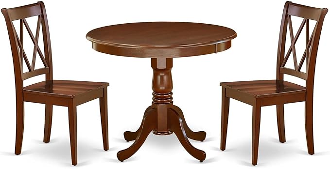 East West Furniture ANCL3-MAH-W Antique 3 Piece Dinette Set for Small Spaces Contains a Round Room Table with Pedestal and 2 Kitchen Dining Chairs, 36x36 Inch - LeafyLoom