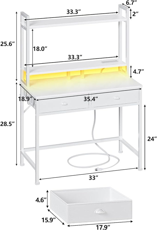 Furologee Small White Computer Desk with Power Outlet and 2 Fabric Drawers, Gaming Desk with LED light, Home Office Desk with Monitor Stand and Hutch for Small Space Working, Study Table with Shelf - LeafyLoom