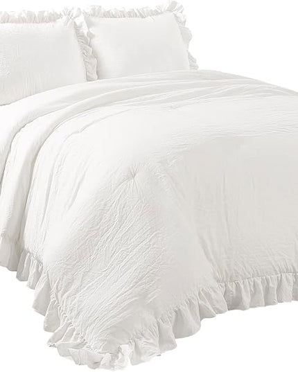Lush Decor Reyna Ruffle Comforter Set - 3 Piece Cozy Ruffled Bedding Set - Timeless Elegance and Comfort for Bedroom - King, Pure White - LeafyLoom