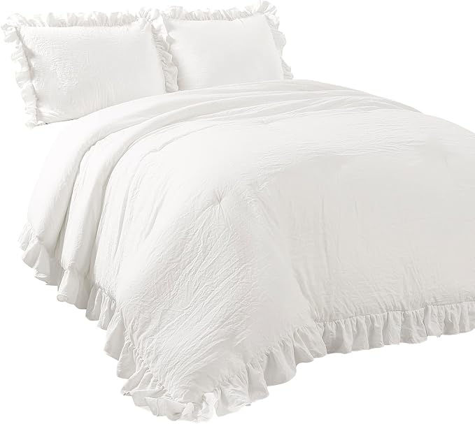 Lush Decor Reyna Ruffle Comforter Set - 3 Piece Cozy Ruffled Bedding Set - Timeless Elegance and Comfort for Bedroom - King, Pure White - LeafyLoom