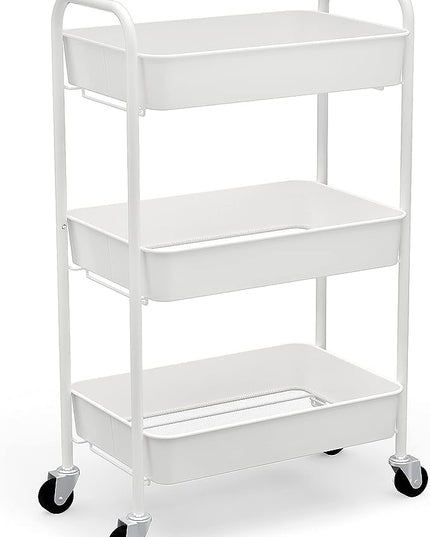CAXXA 3-Tier Rolling Metal Storage Organizer - Mobile Utility Cart Kitchen Cart with Caster Wheels, White - LeafyLoom