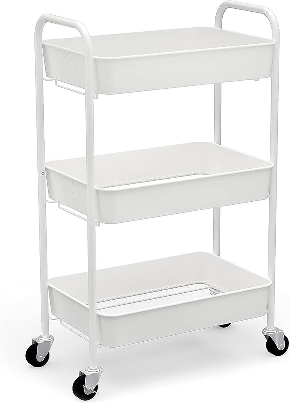 CAXXA 3-Tier Rolling Metal Storage Organizer - Mobile Utility Cart Kitchen Cart with Caster Wheels, White - LeafyLoom