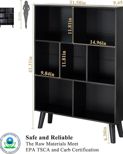YAHARBO Black Bookshelf,3 Tier Modern Bookcase with Legs,Bookshelves Wood Storage Shelf, Open Book Shelves Cube Organizer,Freestanding Short Bookcases - LeafyLoom