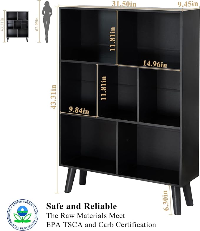 YAHARBO Black Bookshelf,3 Tier Modern Bookcase with Legs,Bookshelves Wood Storage Shelf, Open Book Shelves Cube Organizer,Freestanding Short Bookcases - LeafyLoom