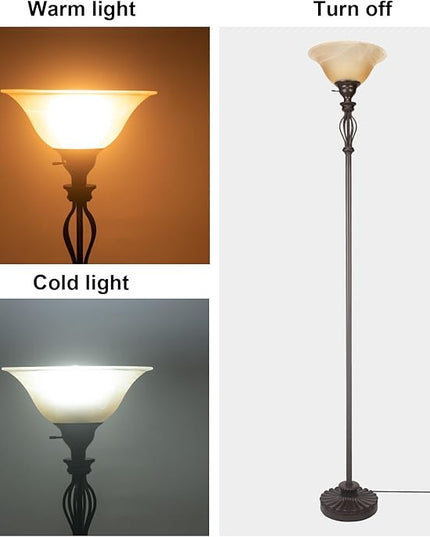 Torchiere Floor Lamps for Living Room & Bedroom – Stand Up Lamp with Corner Floor Lamp Design – Traditional Iron Scroll 70" Tall Alabaster Glass Bowl Shade (Brown) - LeafyLoom