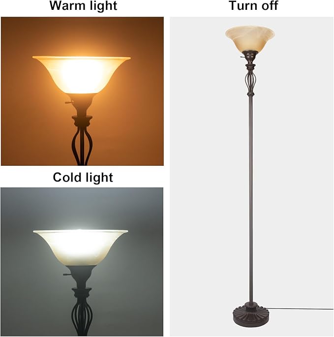 Torchiere Floor Lamps for Living Room & Bedroom – Stand Up Lamp with Corner Floor Lamp Design – Traditional Iron Scroll 70" Tall Alabaster Glass Bowl Shade (Brown) - LeafyLoom