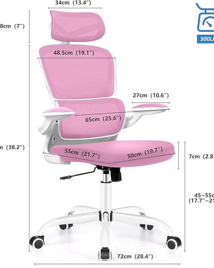 Ergonomic Office Desk Chair, High Back Mesh Chair with Lumbar Support and Adjustable Headrest, Computer Gaming Chair with Flip-up Armrests, Executive Swivel Chair for Home Office (Pink) - LeafyLoom