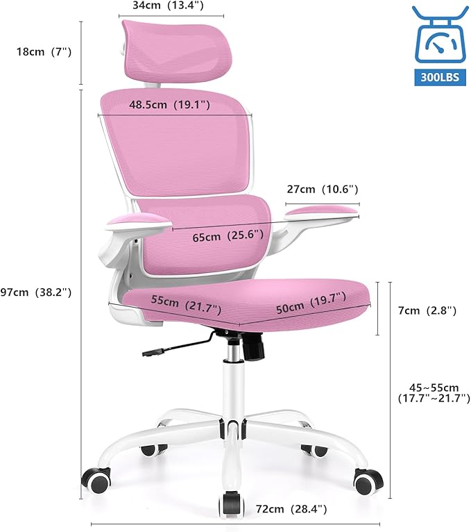 Ergonomic Office Desk Chair, High Back Mesh Chair with Lumbar Support and Adjustable Headrest, Computer Gaming Chair with Flip-up Armrests, Executive Swivel Chair for Home Office (Pink) - LeafyLoom