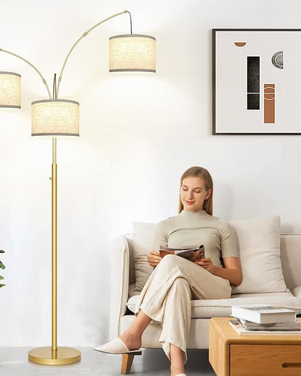 Nintiue Dimmable Floor Lamp - 3 Lights Gold Arc Floor Lamps for Living Room, 1000LM Modern Tall Standing Lamp with White Shades, Mid Century Tree Floor Lamp for Bedroom Office, 3 LED Bulbs Included - LeafyLoom