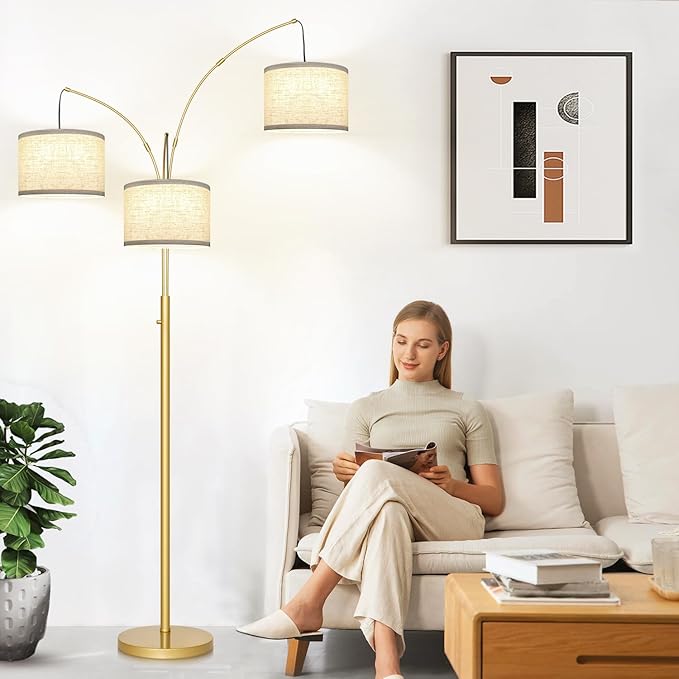 Nintiue Dimmable Floor Lamp - 3 Lights Gold Arc Floor Lamps for Living Room, 1000LM Modern Tall Standing Lamp with White Shades, Mid Century Tree Floor Lamp for Bedroom Office, 3 LED Bulbs Included - LeafyLoom
