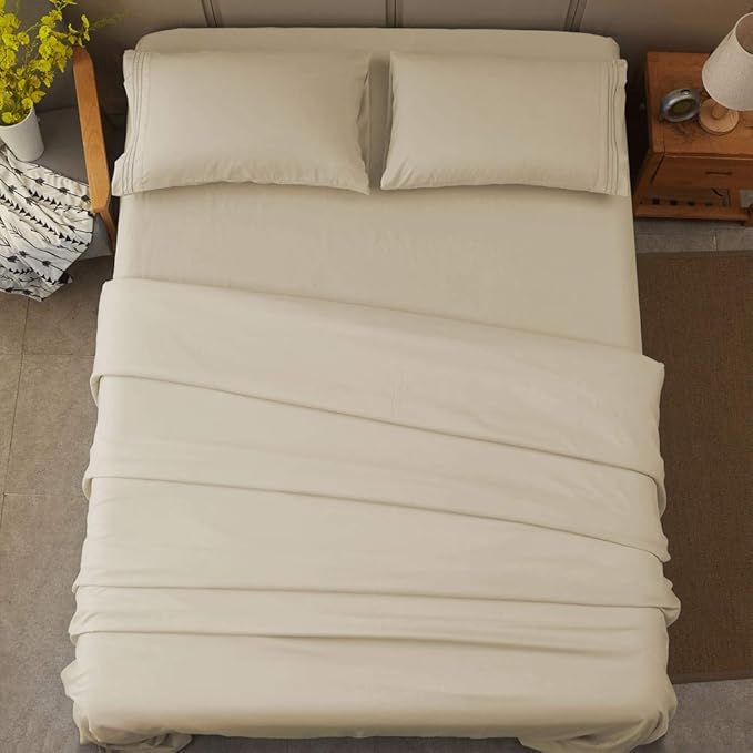 SONORO KATE Bed Sheet Set Super Soft Microfiber 1800 Thread Count Luxury Egyptian Sheets 16-Inch Deep Pocket，Wrinkle -4 Piece (Beige, Full) - LeafyLoom