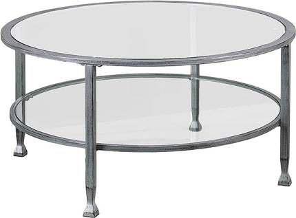 SEI Furniture Jaymes Metal & Glass Round 2-Tier Coffee Table, Silver/Black Distressing - LeafyLoom
