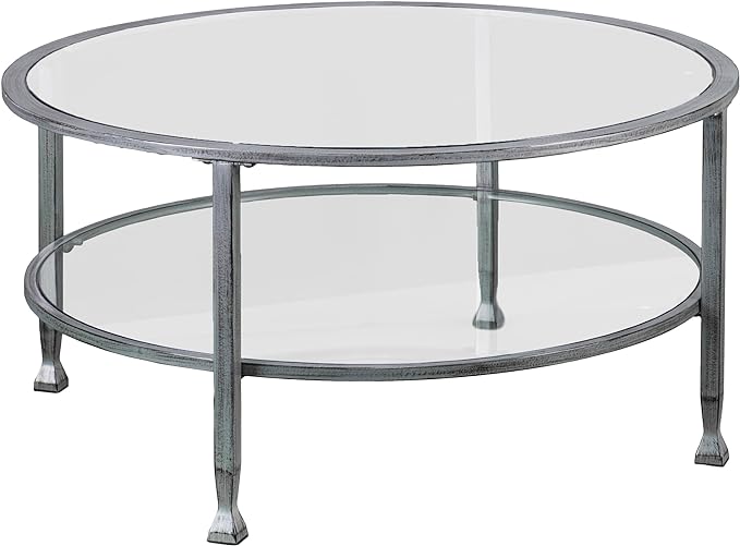 SEI Furniture Jaymes Metal & Glass Round 2-Tier Coffee Table, Silver/Black Distressing - LeafyLoom