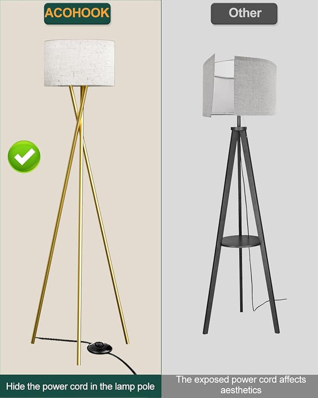 66IN Tripod Floor Lamp, Gold Standing Lamps with E26 Bulb Included, Mid Century Modern Tall Lamps for Living Room Bedroom Home Decor - LeafyLoom