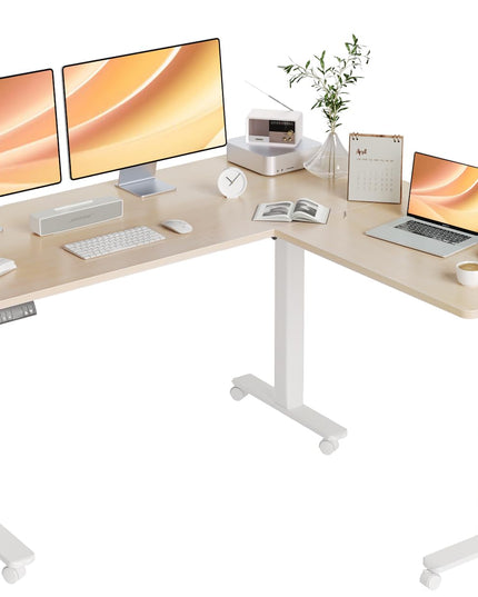 Claiks L Shaped Standing Desk Adjustable Height, Dual Motor Electric Corner Standing Desk, 63x55 inch Sit Stand up Desk with Splice Board, White LeafyLoom