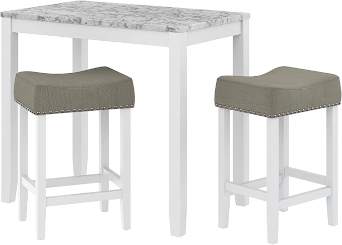 Nathan James Viktor 3 Piece Dining Set, Heigh Kitchen Counter Pub or Breakfast Table with Marble Top and Fabric Wood Base Seat, Light Gray/White - LeafyLoom