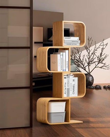 4-Tier S-Shaped Geometric Modern Bamboo Bookshelf, Large Capacity Creative Display Curved Rack Free-standing Bedside Table 2 in 1 Bookcase Storage CDs, DVDs Book Shelf for Home, Office, Living Room - LeafyLoom