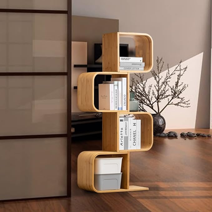 4-Tier S-Shaped Geometric Modern Bamboo Bookshelf, Large Capacity Creative Display Curved Rack Free-standing Bedside Table 2 in 1 Bookcase Storage CDs, DVDs Book Shelf for Home, Office, Living Room - LeafyLoom