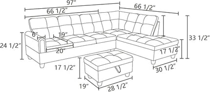 ROOMTEC Button Modern L Shape Sectional Sofa Set, Upholstered Corner Couch with Storage Ottoman, Linen Tufted Cushions, for Living Room, Apartment, 97inch, Grey w/Right Chaise Lounge - LeafyLoom