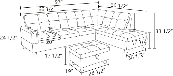 ROOMTEC Button Modern L Shape Sectional Sofa Set, Upholstered Corner Couch with Storage Ottoman, Linen Tufted Cushions, for Living Room, Apartment, 97inch, Grey w/Right Chaise Lounge - LeafyLoom