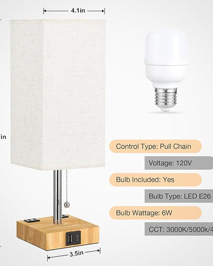 aooshine Beige Small Table Lamp for Bedroom - 3 Color Temperature 3000K 5000K 4000K Bedside Lamp, Pull Chain Control, USB A and C Ports and AC Outlets, Wood-grain Base, Bulb Included - LeafyLoom