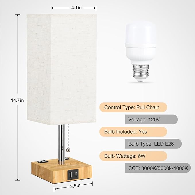 aooshine Beige Small Table Lamp for Bedroom - 3 Color Temperature 3000K 5000K 4000K Bedside Lamp, Pull Chain Control, USB A and C Ports and AC Outlets, Wood-grain Base, Bulb Included - LeafyLoom