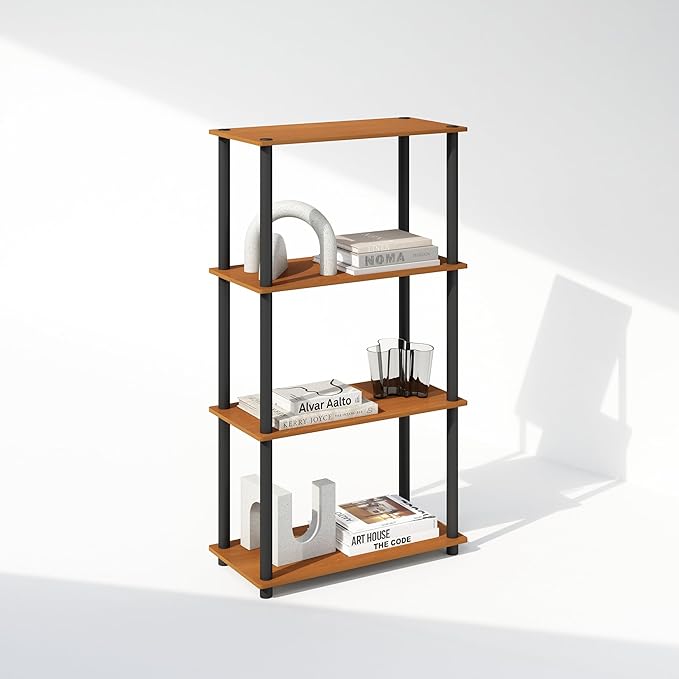 Furinno Turn-N-Tube 4-Tier Multipurpose Shelf Display Rack, Shelving Unit, Bookcase, Light Cherry/Black - LeafyLoom