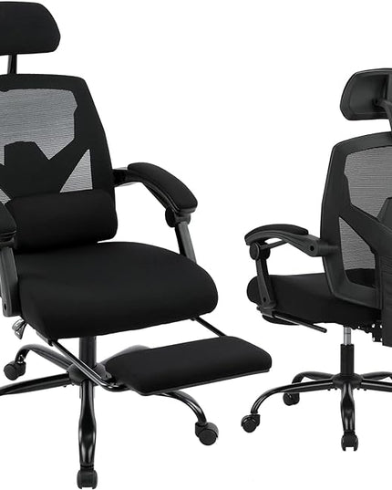 edx Ergonomic Office Chair, Reclining High Back Mesh Computer Desk Swivel Rolling Home Task Chair with Lumbar Support Pillow, Adjustable Headrest, Retractable Footrest and Padded Armrests, Black - LeafyLoom