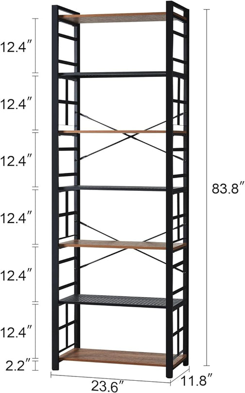 HOMBAZAAR Bookshelf,7 Tier Tall Bookshelf with Metal Frame,Open Bookshelves and Bookcases,Industrial Book Shelf for Living Room,Home Office and Bedroom,Rustic Brown - LeafyLoom