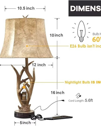 Dungoo Rustic Western Deer Table Lamps with Nightlight Set of 2, 26" Rustic Bedside Lamps for Bedroom with 2 USB Ports, Natural Antler Table Lamp for Christmas Living Room Gift Foyer Office - LeafyLoom