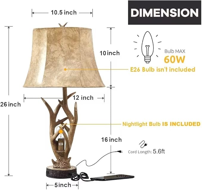 Dungoo Rustic Western Deer Table Lamps with Nightlight Set of 2, 26" Rustic Bedside Lamps for Bedroom with 2 USB Ports, Natural Antler Table Lamp for Christmas Living Room Gift Foyer Office - LeafyLoom