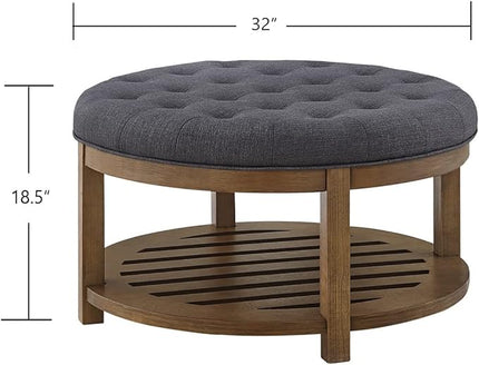 24KF Large Round Upholstered Tufted Linen Ottoman Coffee Table, Large Footrest Ottoman with Wood Shelf Storage-Charcoal - LeafyLoom