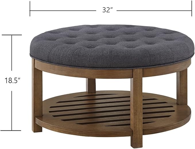 24KF Large Round Upholstered Tufted Linen Ottoman Coffee Table, Large Footrest Ottoman with Wood Shelf Storage-Charcoal - LeafyLoom