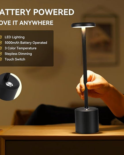 Rechargeable LED Wireless Touch Desk Lamps Set of 2, 5000mAh Battery Operated Lamp, 3 Color Modes with Memory Function and Stepless Dimming Desk Lamp for Restaurant/Bedroom/Terrace (Black) - LeafyLoom