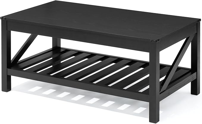 Farmhouse Coffee Table with 2-Tier Shelves - Rectangular Coffee Table with Storage for Living Room, Wood Coffee Table with Sturdy Frame, Black - LeafyLoom