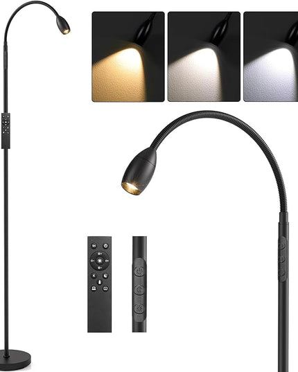 Reading Floor Lamp, 72" Tall LED Lamp with Flexible Gooseneck, Dimmable Zoomable Spotlight, Adjustable Color Beam Standing Lamp, Touch & Remote Control, Task Craft Bedroom Living Room, Matte Black - LeafyLoom