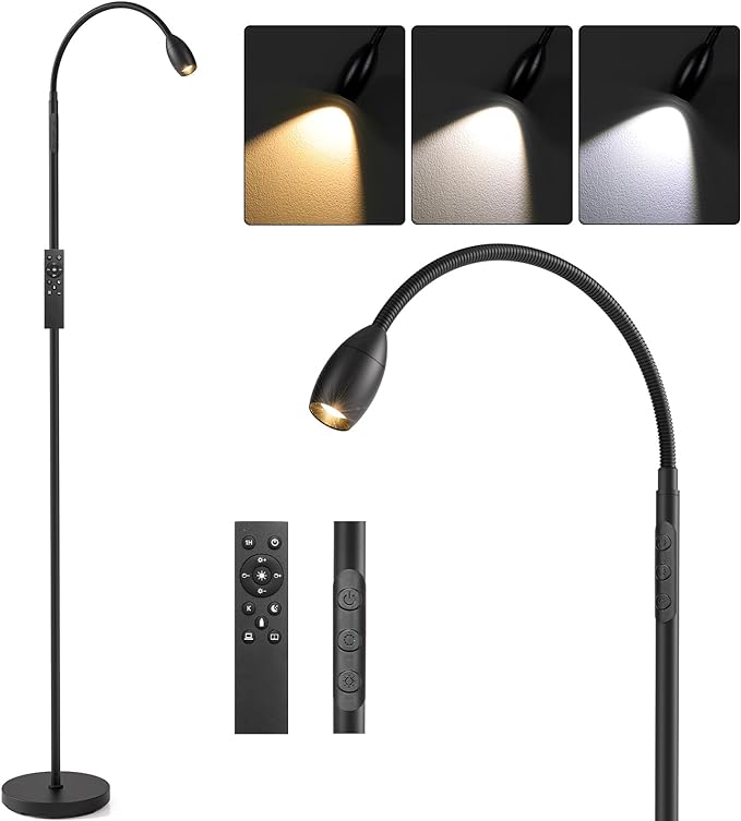 Reading Floor Lamp, 72" Tall LED Lamp with Flexible Gooseneck, Dimmable Zoomable Spotlight, Adjustable Color Beam Standing Lamp, Touch & Remote Control, Task Craft Bedroom Living Room, Matte Black - LeafyLoom