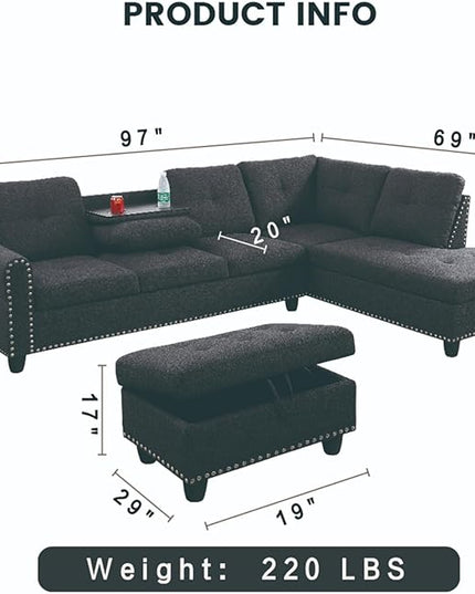 L Shaped Sofa with Ottoman Modern Sectional Living Room, Bedroom, Office, L Couch Nail-Head - LeafyLoom