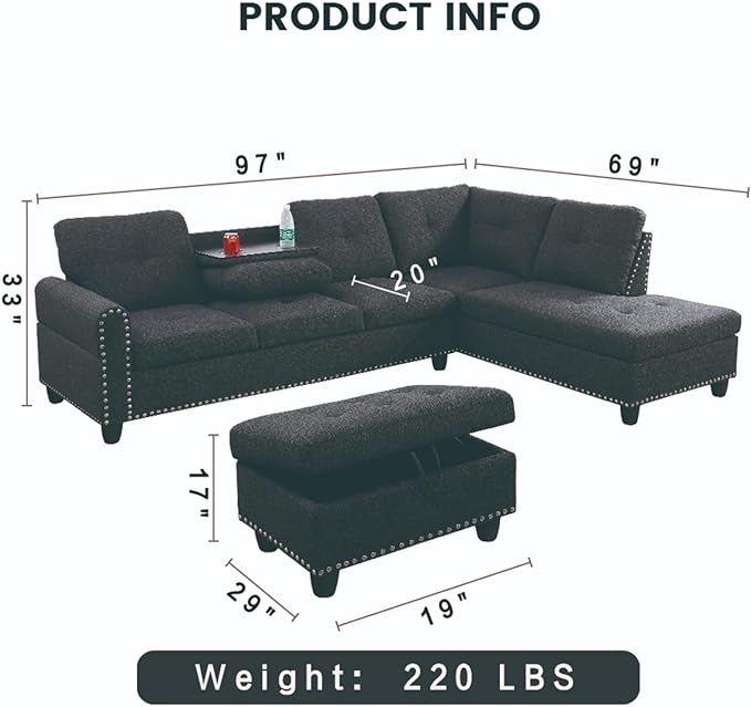 L Shaped Sofa with Ottoman Modern Nail-Head Design Linen Facing Sectional Couches with Cup Holder for Living Room, Bedroom, Office, Dark Grey with Right Chaise - LeafyLoom