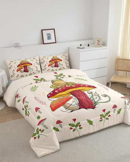 Frog Print Bedding Set Kids Kawaii Decor Comforter Set Frog Mushrooms Comforter Cover Set for Room Decor Botanica Cute Mushroom Decor Beige Red Duvet Set Full Size 3Pcs Quilt Set - LeafyLoom