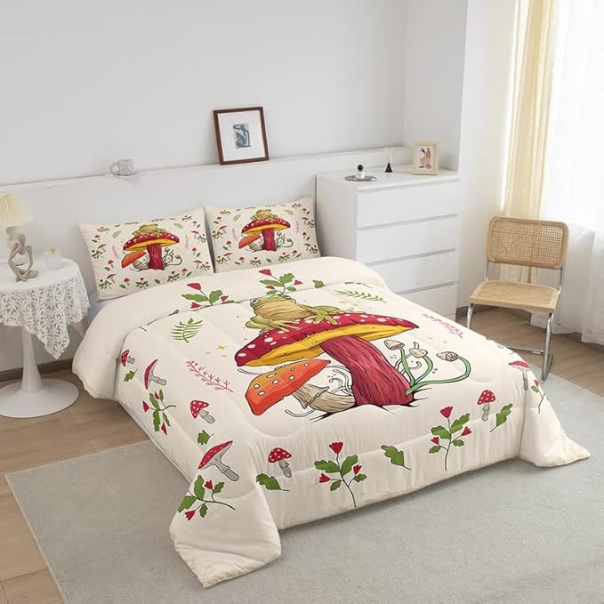 Feelyou Frog Print Bedding Set Kids Kawaii Decor Comforter Set Frog Mushrooms Comforter Cover Set for Room Decor Botanica Cute Mushroom Decor Beige Red Duvet Set Twin Size 2Pcs Quilt Set - LeafyLoom