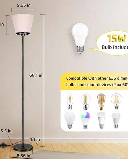 Led Floor Lamp for Bedroom, Black Floor Lamp Standing Lamp for Living Room Reading Office, 3 Color Temperatures 68 inch Tall Floor Lamp. 15W Bulb Included. - LeafyLoom