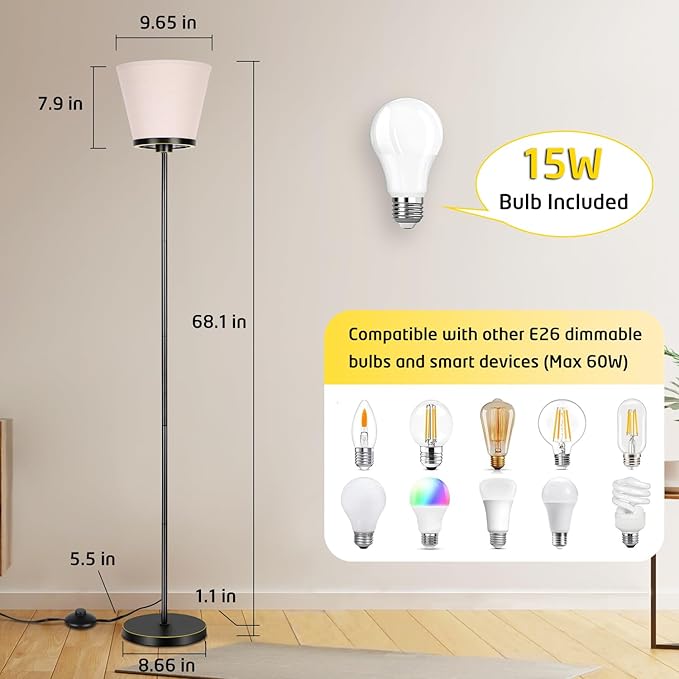 Led Floor Lamp for Bedroom, Black Floor Lamp Standing Lamp for Living Room Reading Office, 3 Color Temperatures 68 inch Tall Floor Lamp. 15W Bulb Included. - LeafyLoom
