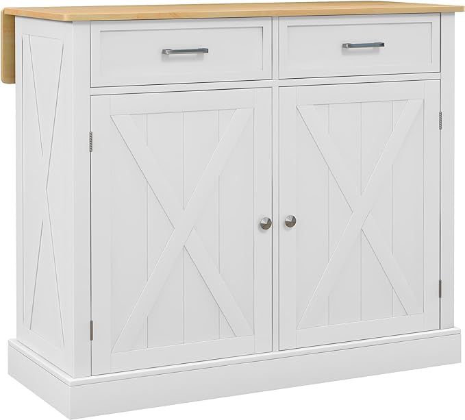 HOMCOM Rolling Kitchen Island with Drop Leaf Wood Breakfast Bar, Farmhouse Kitchen Cart with 2 Drawers, Adjustable Shelves for Dining Room, White - LeafyLoom