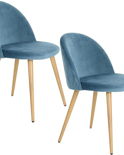 FurnitureR Upholstered Velvet Dining Chair Mid Back Armless with Wood Legs for Home Kitchen Bedroom Living Room, Set of 2, Sky Blue - LeafyLoom