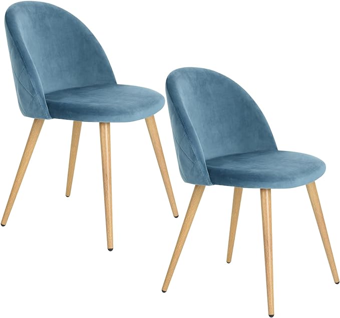 FurnitureR Upholstered Velvet Dining Chair Mid Back Armless with Wood Legs for Home Kitchen Bedroom Living Room, Set of 2, Sky Blue - LeafyLoom