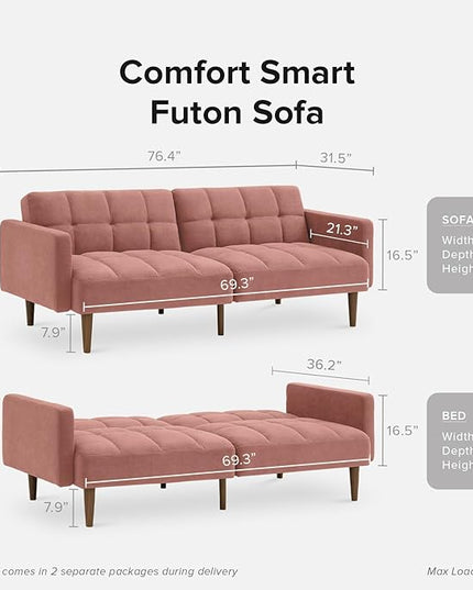 mopio Aaron Couch, Small Sofa, Futon, Sofa Bed, Sleeper Sofa, Loveseat, Mid Century Modern Futon Couch, Sofa Cama, Couches for Living Room, Bedroom (Old Rosa, Velvet) - LeafyLoom